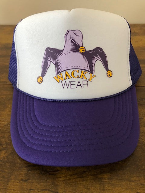Purple and white hat with 'Wacky Wear' logo