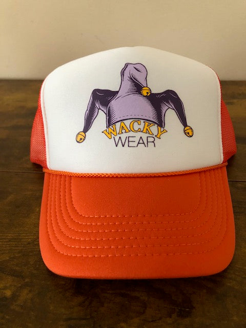 Orange and white cap with the Wacky Wear' text and logo