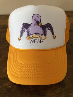 Yellow and white cap with purple hood and 'Wacky Wear' text